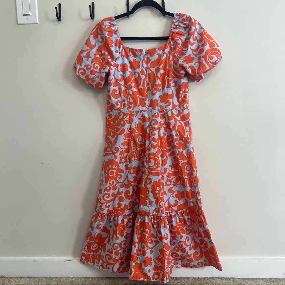 Talbots Orange Floral Puff Sleeve Poplin Midi Dress Spring Cotton Resortwear - Picture 7 of 10